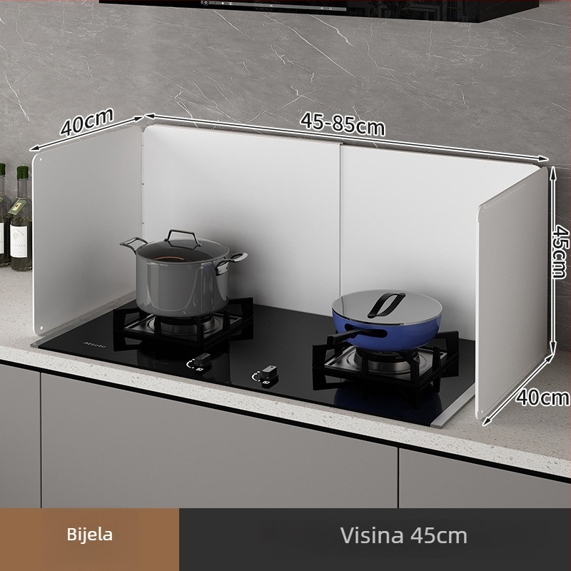 Kuhinjski štitnik protiv prskanja ulja za plinsku ploču, otporan na visoke temperature, izvlačivi, bijeli, perimetralna zaštita oko nape