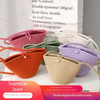 Ručno pletena ženska crossbody torba s perlastim kopčom – plažni stil, torba od slame