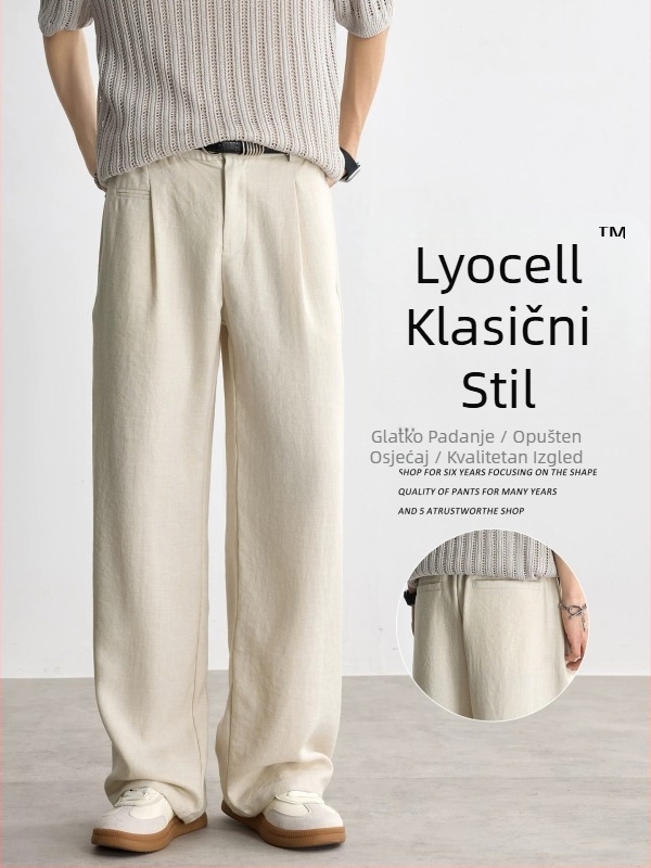 Muške Lyocell hlače za ljeto, casual stil, ravni kroj, široke nogavice, srednje-visoki pojas, s remenom