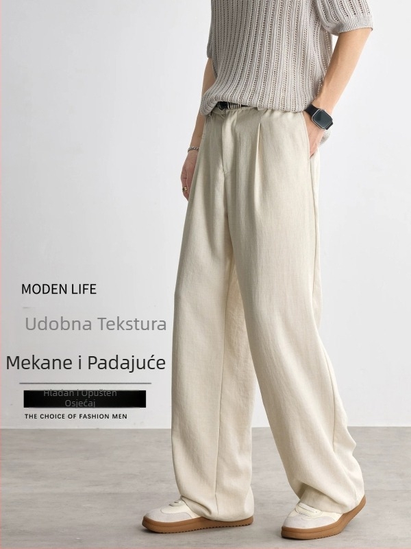 Muške Lyocell hlače za ljeto, casual stil, ravni kroj, široke nogavice, srednje-visoki pojas, s remenom