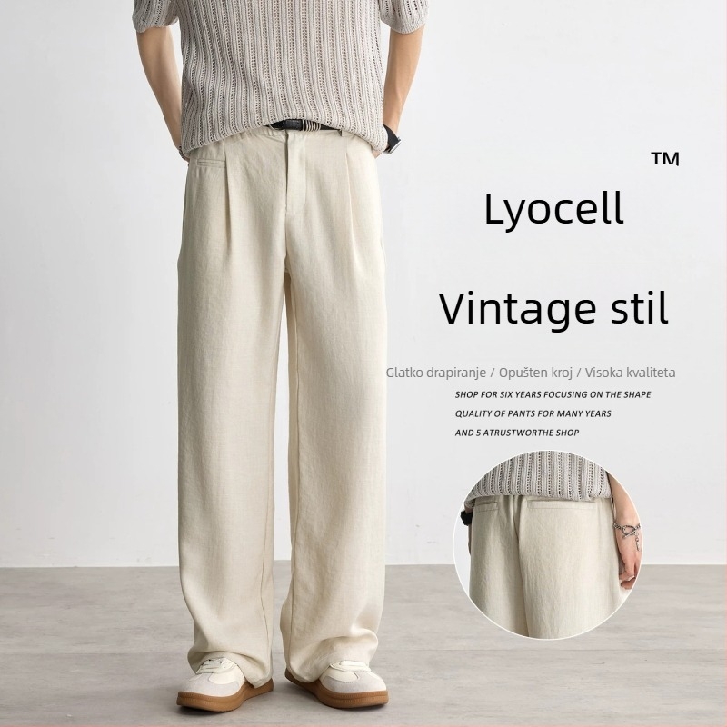 Muške Lyocell hlače za ljeto, casual stil, ravni kroj, široke nogavice, srednje-visoki pojas, s remenom
