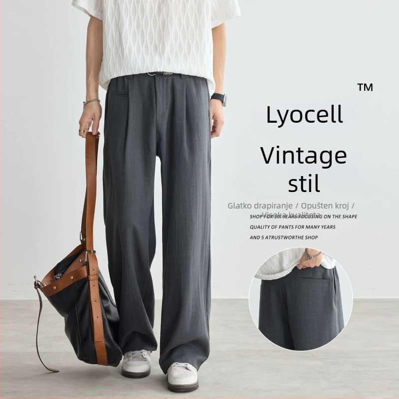 Muške Lyocell hlače za ljeto, casual stil, ravni kroj, široke nogavice, srednje-visoki pojas, s remenom