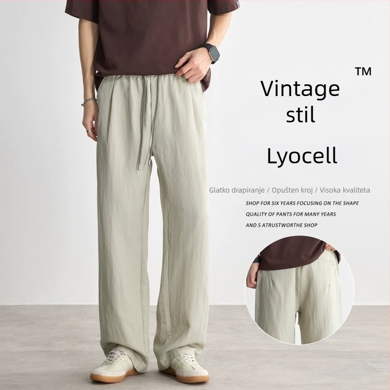 Muške Lyocell hlače za ljeto, casual stil, ravni kroj, široke nogavice, srednje-visoki pojas, s remenom