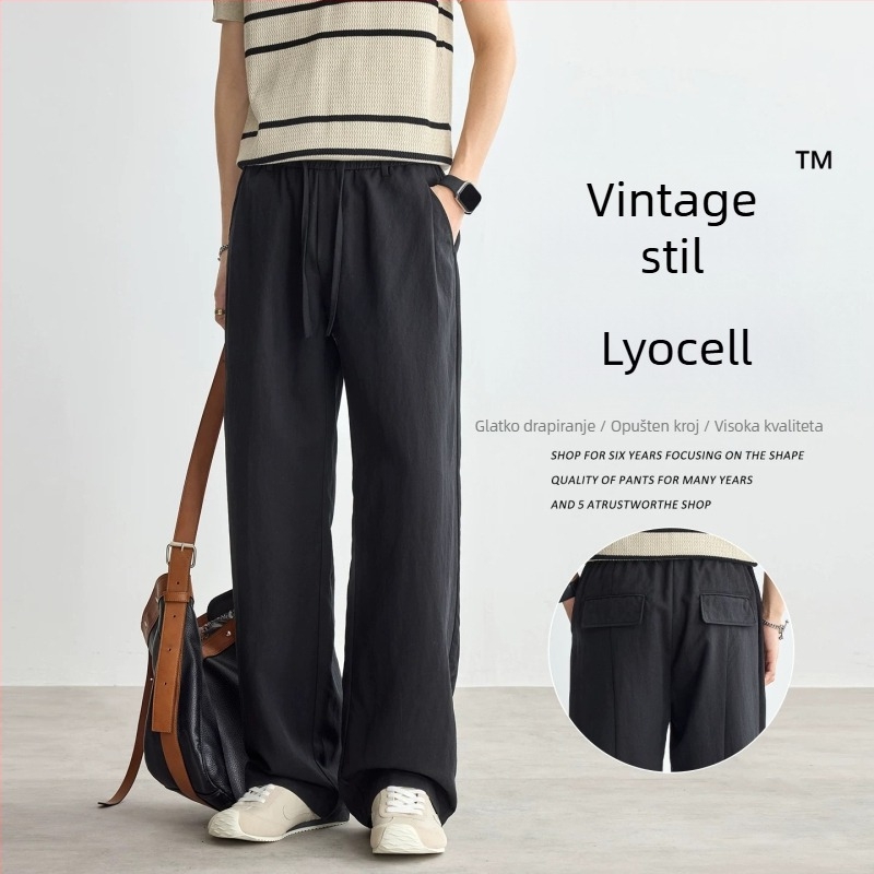 Muške Lyocell hlače za ljeto, casual stil, ravni kroj, široke nogavice, srednje-visoki pojas, s remenom