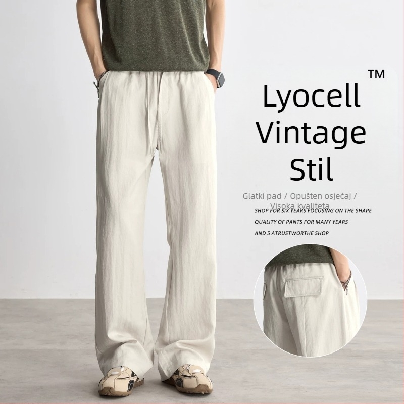 Muške Lyocell hlače za ljeto, casual stil, ravni kroj, široke nogavice, srednje-visoki pojas, s remenom