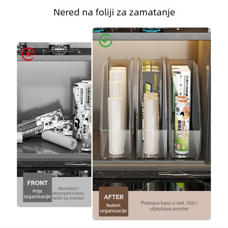 Prozirni kuhinjski organizator s ladicom za foliju, bočice začina i stakene tegle