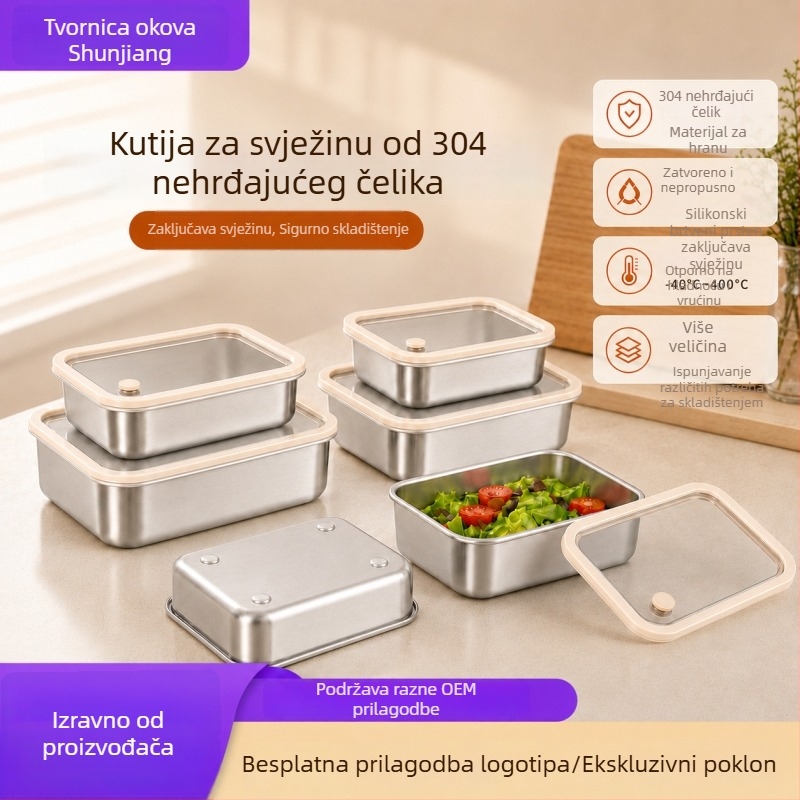 304 nehrđajući čelik kutija za očuvanje svježine, kutija za skladištenje u hladnjaku, posuda za hranu s staklenim poklopcem i silikonom, kutija za ručak