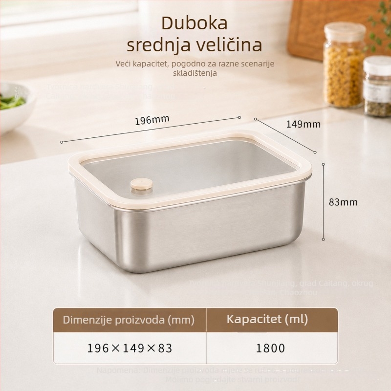 304 nehrđajući čelik kutija za očuvanje svježine, kutija za skladištenje u hladnjaku, posuda za hranu s staklenim poklopcem i silikonom, kutija za ručak
