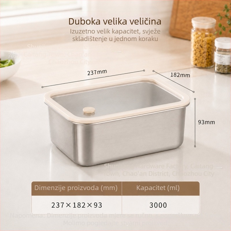 304 nehrđajući čelik kutija za očuvanje svježine, kutija za skladištenje u hladnjaku, posuda za hranu s staklenim poklopcem i silikonom, kutija za ručak
