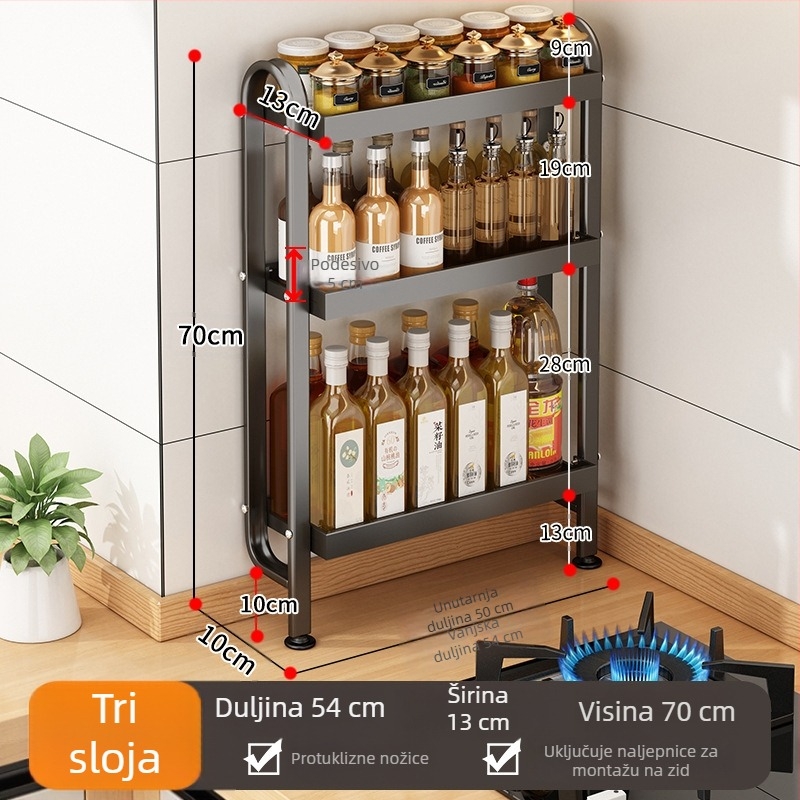 Višeslojni zidni stalak za začine, ulja i staklenke.