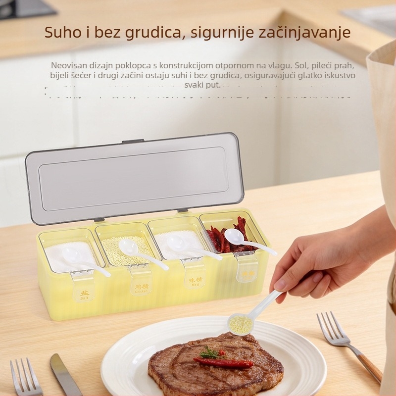 Kutija za začine s četiri odjeljka, integrirano skladište, vodootporna, s žličicom