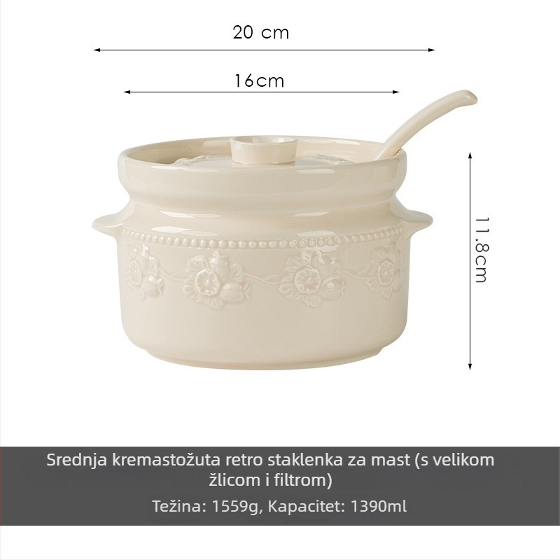 Reljefna keramička posuda za mast s poklopcem, dvostruka ručka, kremasti motiv jagode