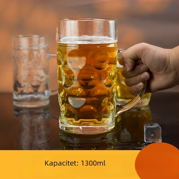 Debeli, izduženi čaša za pivo s drškom, staklena, kapacitet 1000–1300 ml