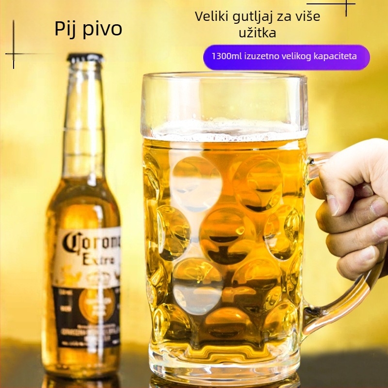 Debeli, izduženi čaša za pivo s drškom, staklena, kapacitet 1000–1300 ml