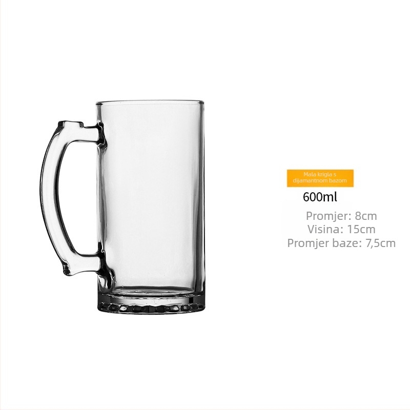 Debeli, izduženi čaša za pivo s drškom, staklena, kapacitet 1000–1300 ml