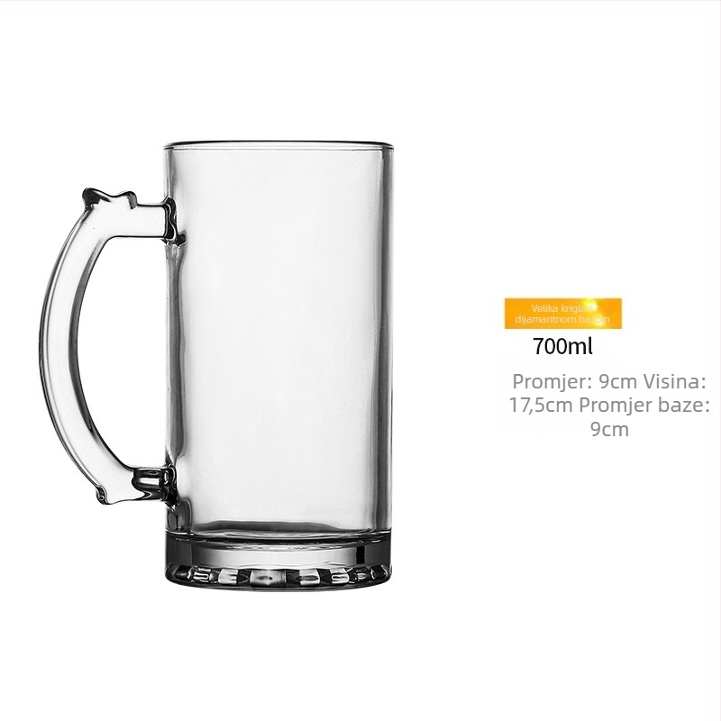 Debeli, izduženi čaša za pivo s drškom, staklena, kapacitet 1000–1300 ml