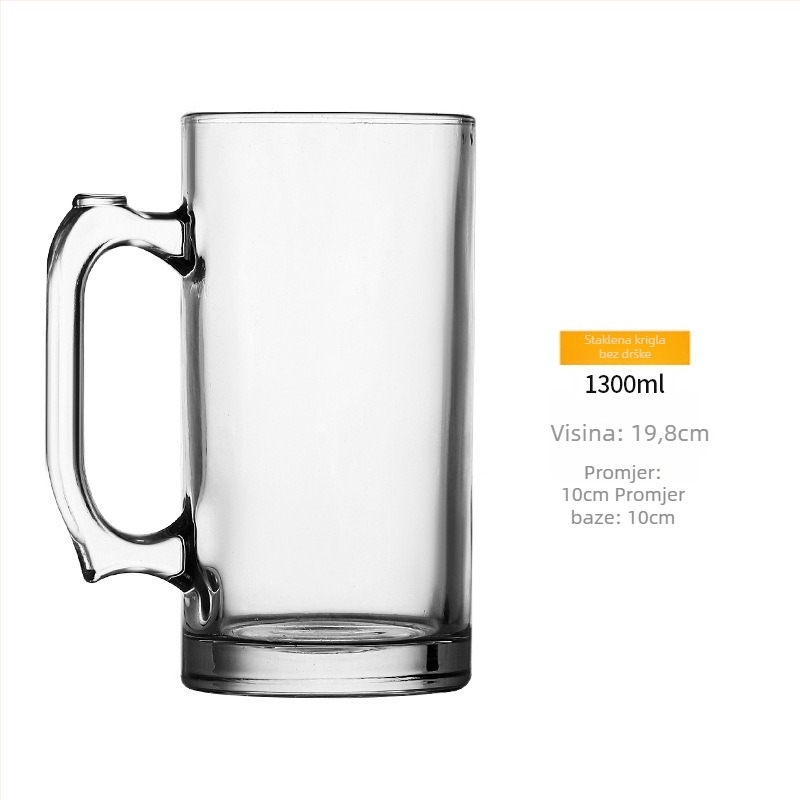 Debeli, izduženi čaša za pivo s drškom, staklena, kapacitet 1000–1300 ml