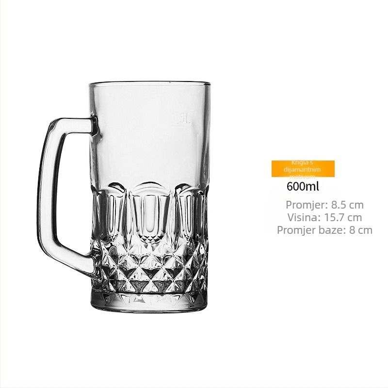 Debeli, izduženi čaša za pivo s drškom, staklena, kapacitet 1000–1300 ml