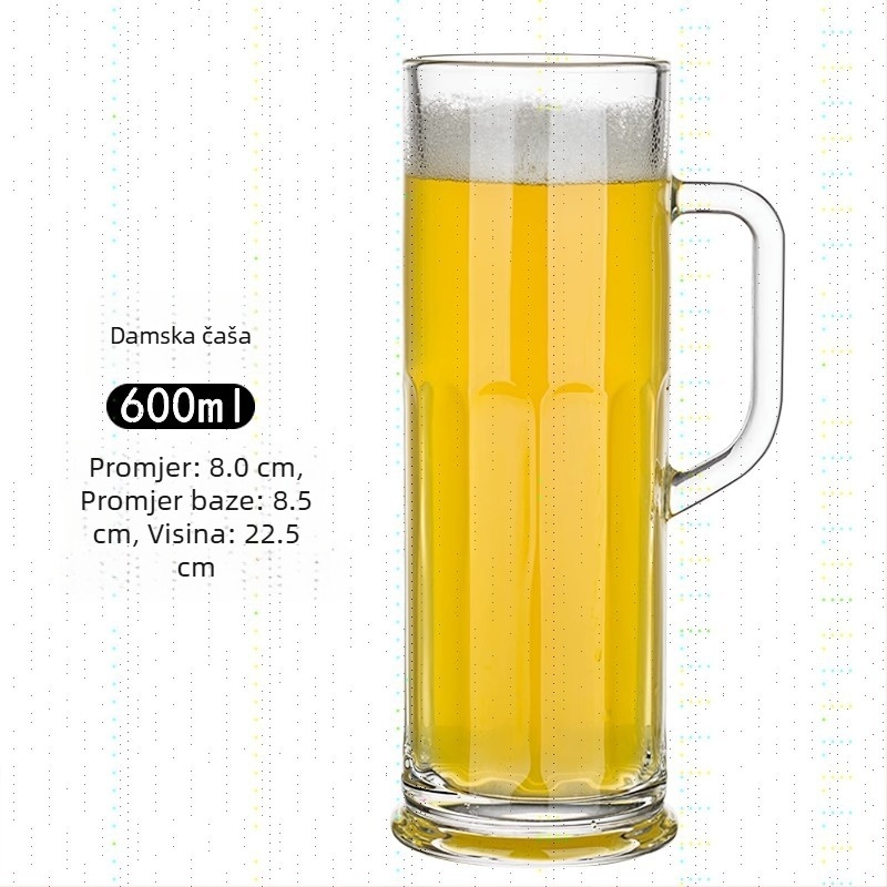 Debeli, izduženi čaša za pivo s drškom, staklena, kapacitet 1000–1300 ml