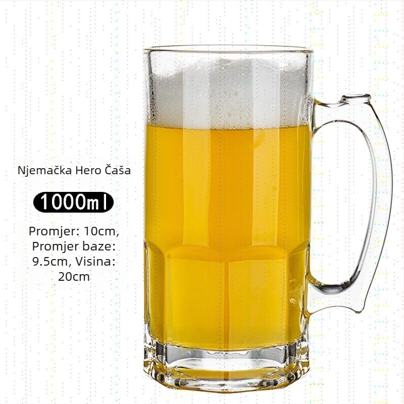 Debeli, izduženi čaša za pivo s drškom, staklena, kapacitet 1000–1300 ml
