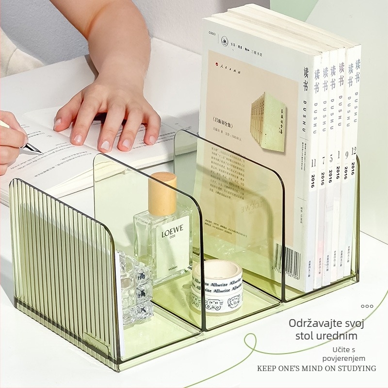 Prozirni akrilni stolni držač knjiga s pregradom i držačem za olovke