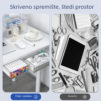 Skriti organizator za pribor na stol, ispod njega ladica za povlačenje, viseći spremnik za pohranu — štedi prostor