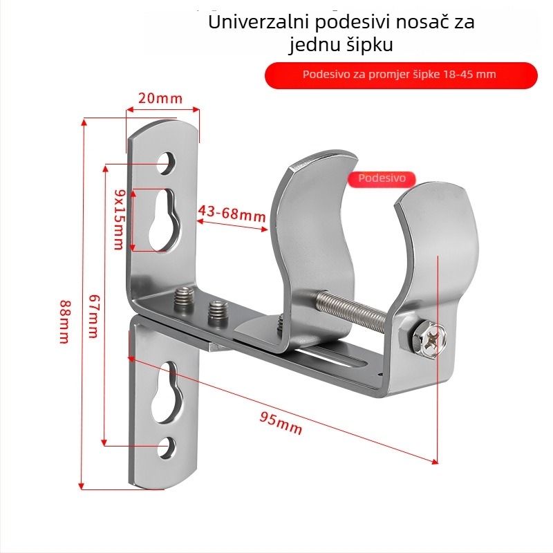 Podesivi držač od nehrđajućeg čelika za rimski štap, dvostruka šipka za zid, kuka za zavjese, baza bez bušenja