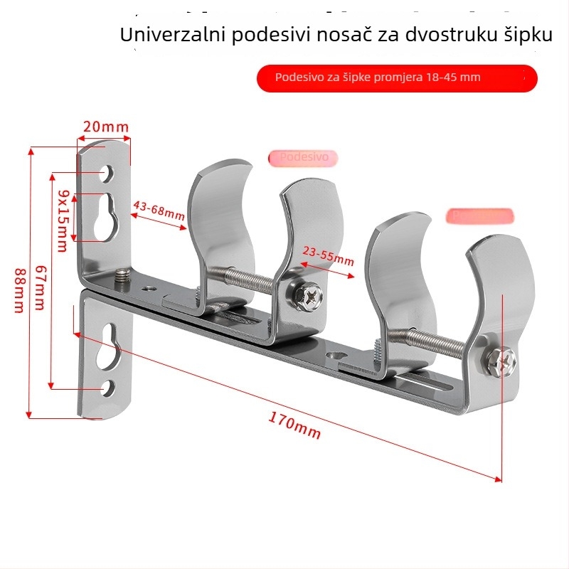 Podesivi držač od nehrđajućeg čelika za rimski štap, dvostruka šipka za zid, kuka za zavjese, baza bez bušenja