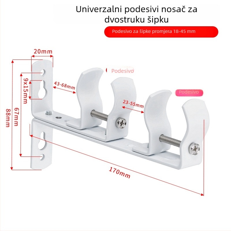 Podesivi držač od nehrđajućeg čelika za rimski štap, dvostruka šipka za zid, kuka za zavjese, baza bez bušenja