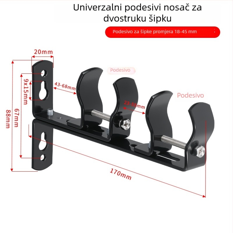 Podesivi držač od nehrđajućeg čelika za rimski štap, dvostruka šipka za zid, kuka za zavjese, baza bez bušenja