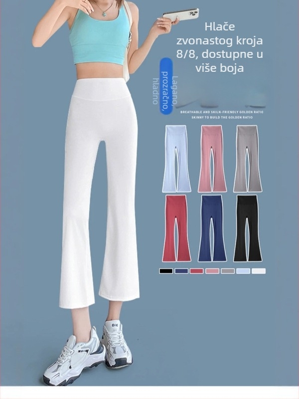 Ženske joga hlače microflare od ice-silk za žene niskog rasta, lagani drapirani kroj, duljina 7/8, shark stil sportne hlače