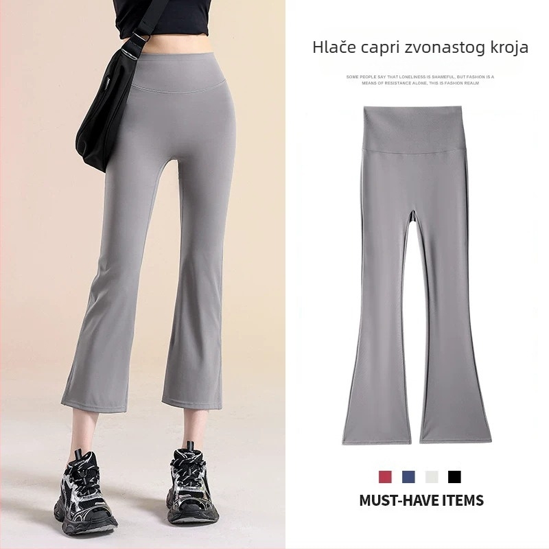 Ženske joga hlače microflare od ice-silk za žene niskog rasta, lagani drapirani kroj, duljina 7/8, shark stil sportne hlače