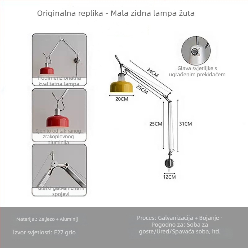 Memphis Vintage preklopna zidna svjetiljka s izvlačnim ramom, noćna lampa za čitanje, retro francuskog stila spavaća soba, podesiva