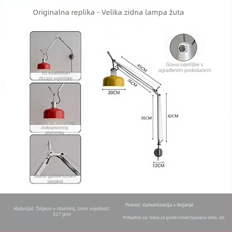 Memphis Vintage preklopna zidna svjetiljka s izvlačnim ramom, noćna lampa za čitanje, retro francuskog stila spavaća soba, podesiva
