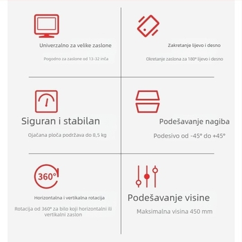 Stalak za monitor za stol s podesivom visinom i rotacijom, univerzalan za monitore od 19–32 inča
