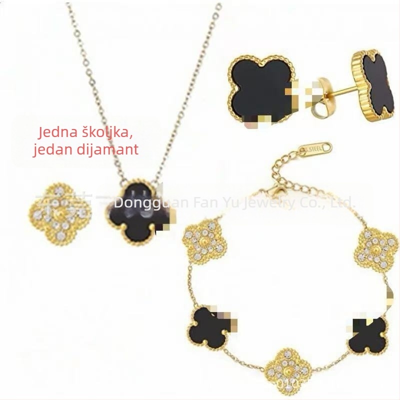 Ženski set nakita: narukvica, ogrlica i naušnice s dijamantima, 15 mm, titan čelik, detalji od majolike