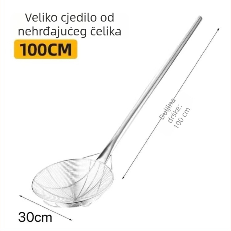 Velika posuda od nehrđajućeg čelika s dugom drškom, profesionalno cedilo za tjesteninu, industrijskog stila