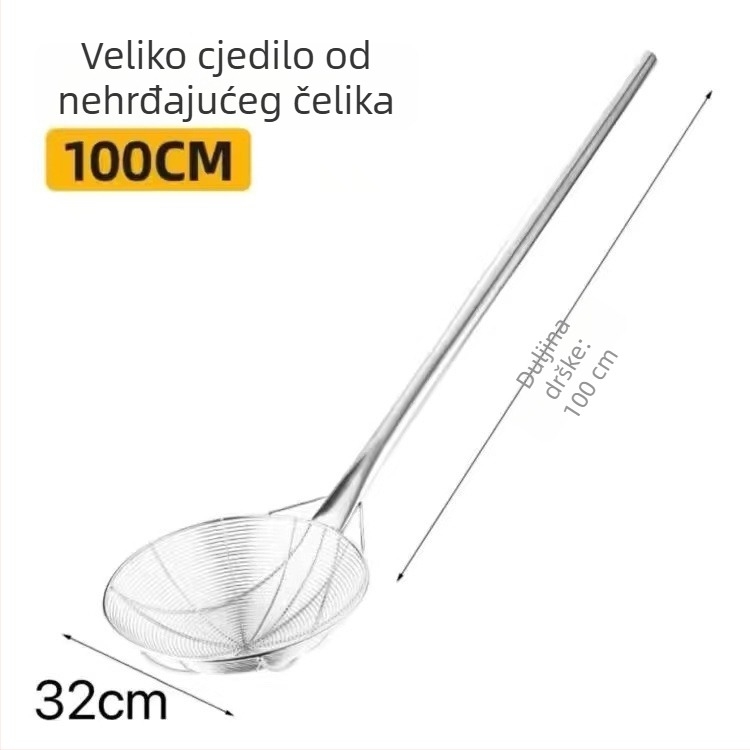 Velika posuda od nehrđajućeg čelika s dugom drškom, profesionalno cedilo za tjesteninu, industrijskog stila