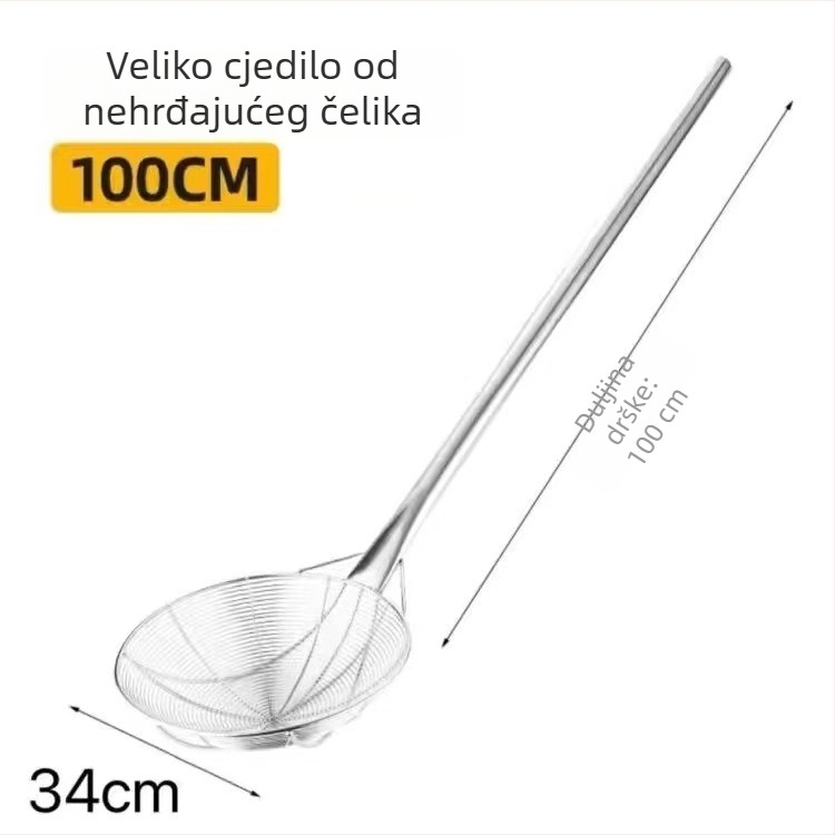 Velika posuda od nehrđajućeg čelika s dugom drškom, profesionalno cedilo za tjesteninu, industrijskog stila