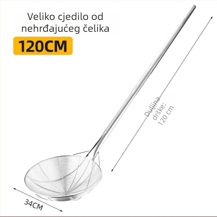 Velika posuda od nehrđajućeg čelika s dugom drškom, profesionalno cedilo za tjesteninu, industrijskog stila