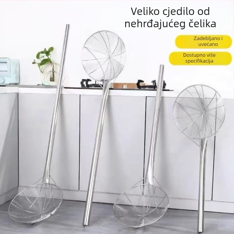 Velika posuda od nehrđajućeg čelika s dugom drškom, profesionalno cedilo za tjesteninu, industrijskog stila