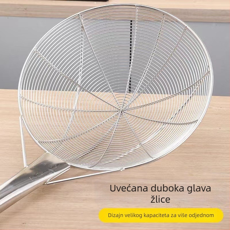 Velika posuda od nehrđajućeg čelika s dugom drškom, profesionalno cedilo za tjesteninu, industrijskog stila