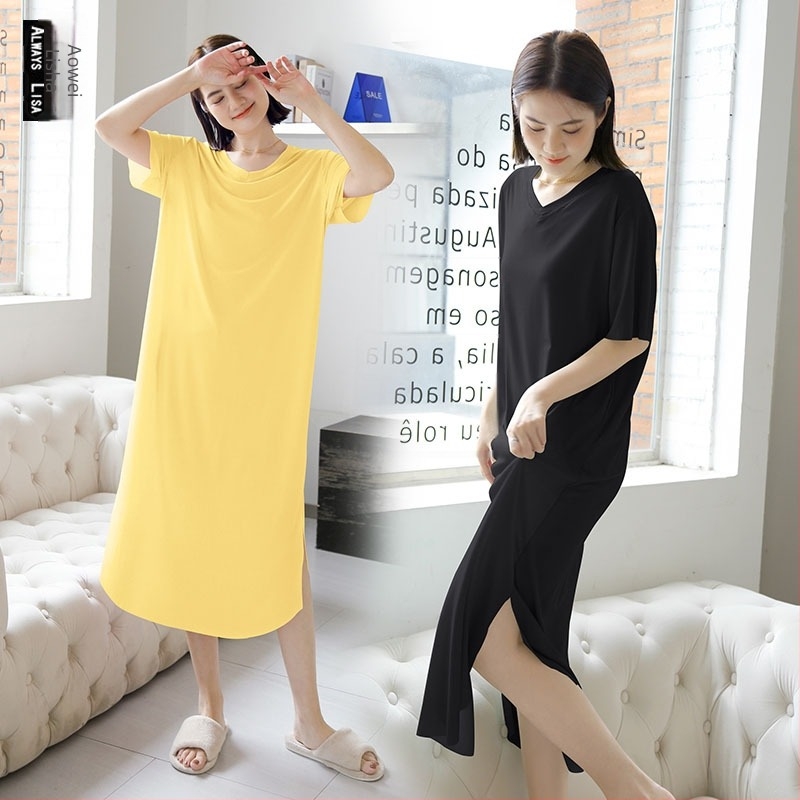 Ljetna haljina 2023 od ice silk s ribanom teksturom, kratkim rukavima, bočnim razrezom, opuštenog kroja, duga haljina za spavanje za žene