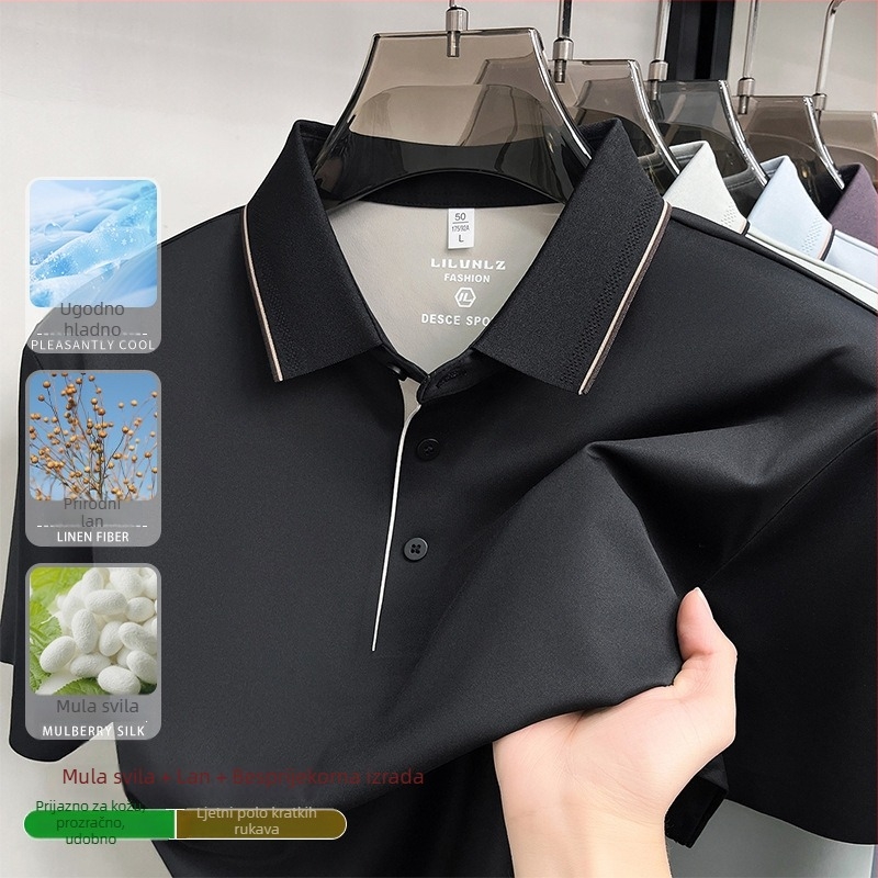 Muški polo kratkih rukava od mješavine lana i svile, otporan na bore, Ice Silk bez šavova
