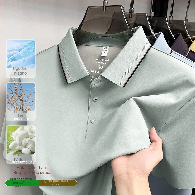 Muški polo kratkih rukava od mješavine lana i svile, otporan na bore, Ice Silk bez šavova