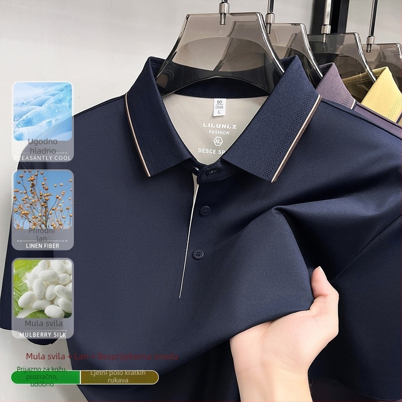 Muški polo kratkih rukava od mješavine lana i svile, otporan na bore, Ice Silk bez šavova