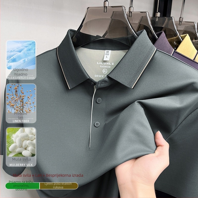 Muški polo kratkih rukava od mješavine lana i svile, otporan na bore, Ice Silk bez šavova