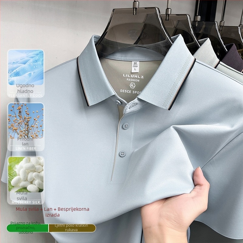 Muški polo kratkih rukava od mješavine lana i svile, otporan na bore, Ice Silk bez šavova