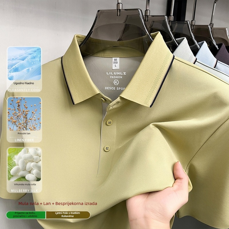 Muški polo kratkih rukava od mješavine lana i svile, otporan na bore, Ice Silk bez šavova