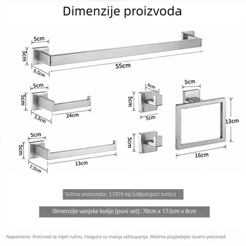 Kupaonski set od nehrđajućeg čelika, šest dijelova: držač ručnika, držač ručnika za kupanje, držač toaletnog papira, držač higijenskih uloška, držač za ručnike za lice